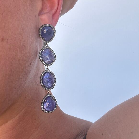 Authentic Tanzanite & Diamond Pavé Dangle Earrings Sterling Silver 14k Gold - Picture 4 of 7